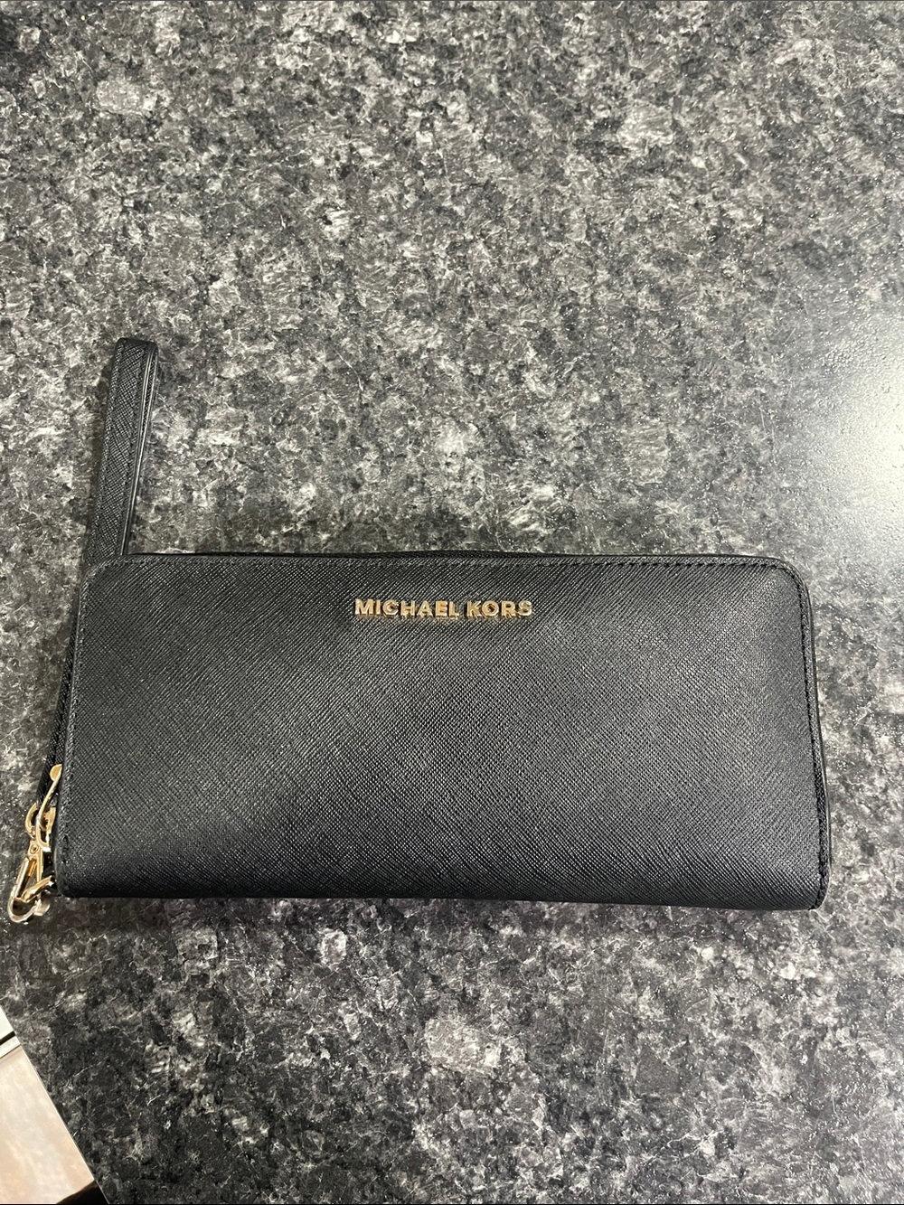 Michael Kors Black Saffiano Zip Wristlet Wallet with Gold Logo